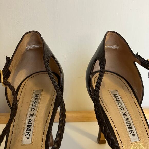 Vintage Manolo Blahnik brown braided leather strappy open toe stiletto heels - Picture 4 of 16